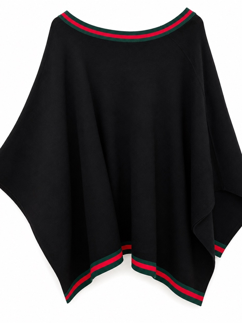 Tuckernuck OS Black V Neck Poncho Sweater Cape Red Green Trim Preppy Acrylic - Picture 2 of 4